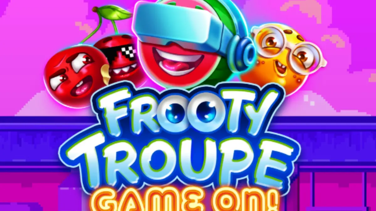 Tampilan visual retro dari slot Frooty Troupe dengan simbol buah bergaya piksel.