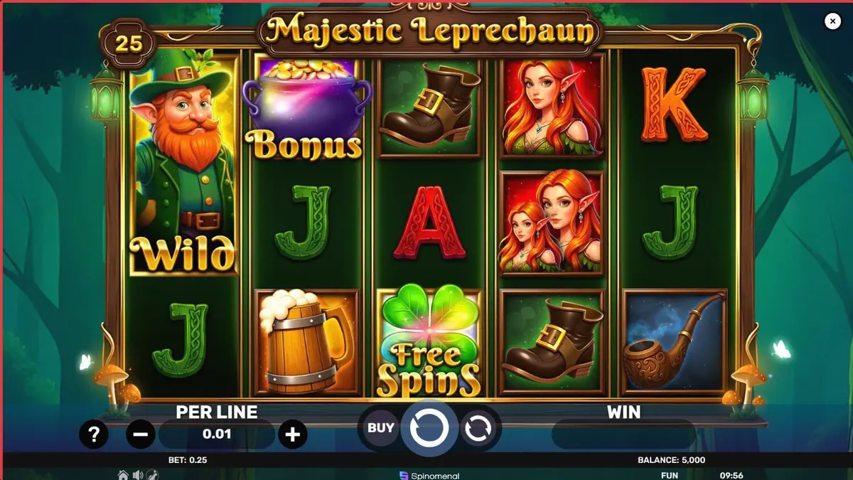 Tampilan visual slot Majestic Leprechaun dengan latar belakang perbukitan hijau Irlandia