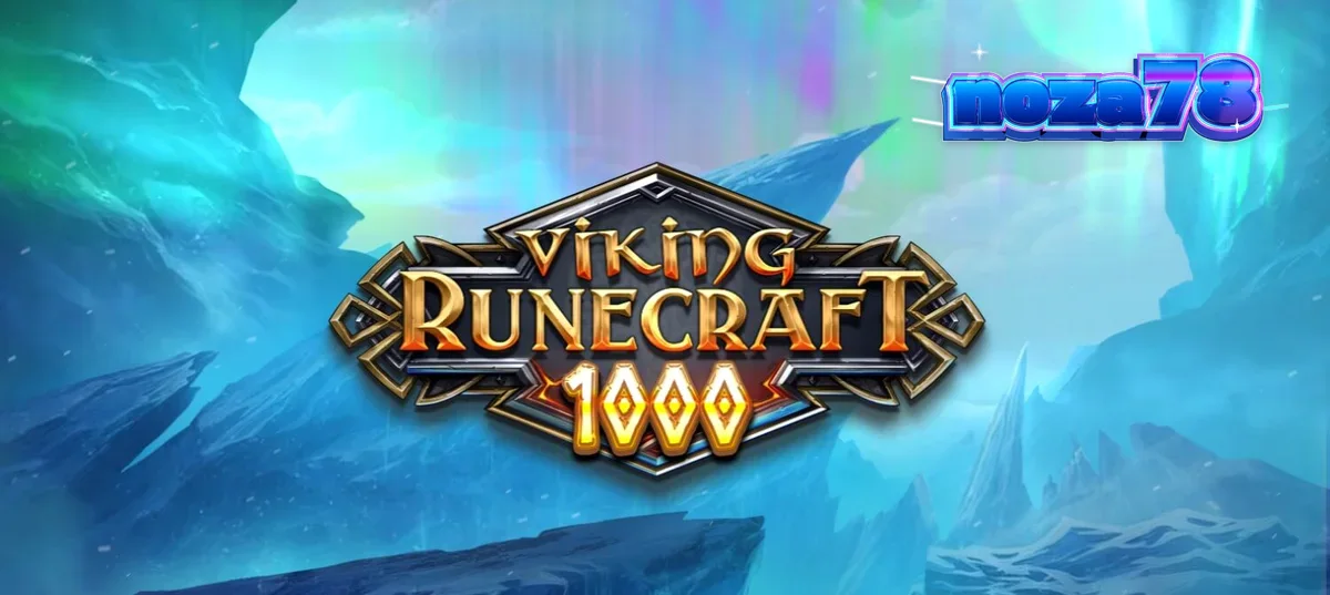 Tampilan visual grid slot Viking Runecraft 1000 dengan latar belakang aurora dan simbol dewa Nordik.